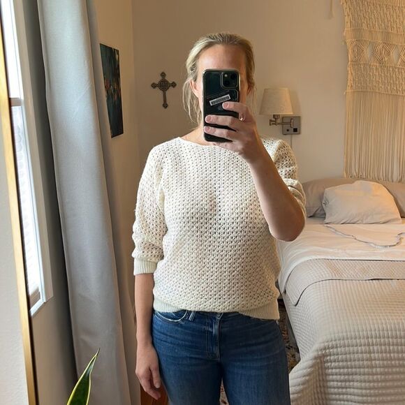 Chico’s Open Knit Ivory Wool Sweater Size 1 Medium - Picture 1 of 6